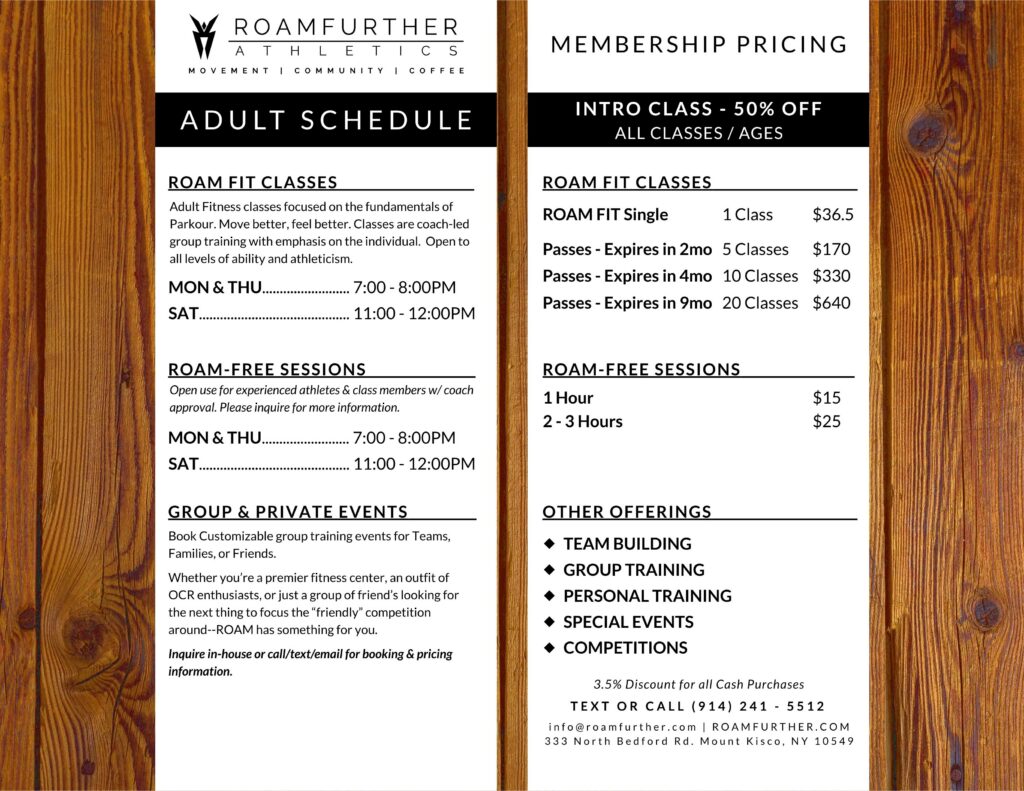 Adult Parkour class schedule and pricing sheet.